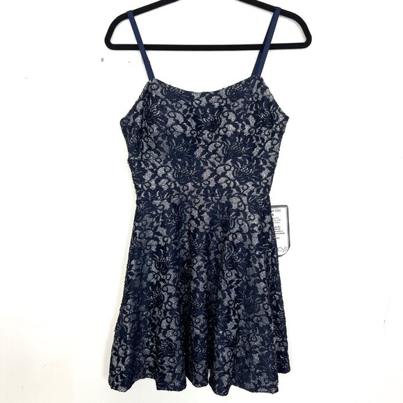 NWT Speechless Fit & Flare Dress Navy Lace Silver Glitter Padded Bust Size 5 - Picture 1 of 5